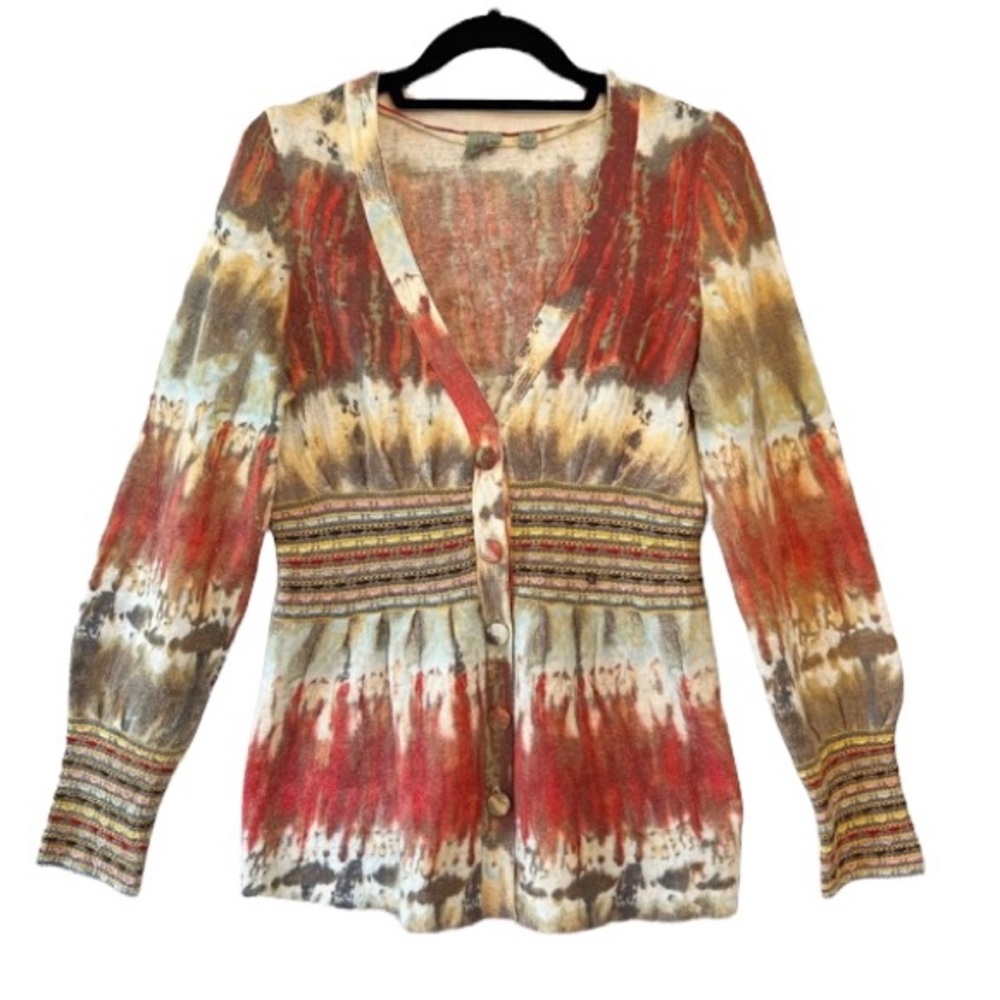 Anthropologie HWR Monogram Dip Dye Button Front Peplum Sweater Size Medium